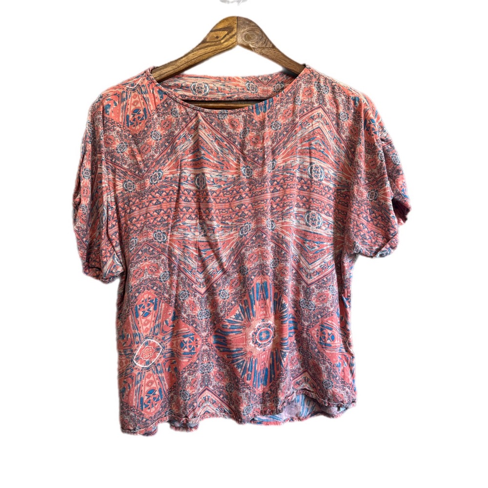 Forever 21 Blouse Womens Small Coral Blue Excellent Geometric Boho Rayon Top